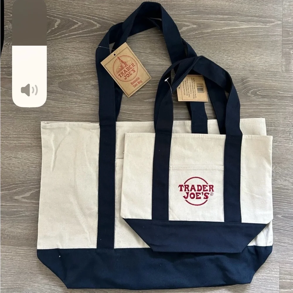 2 New Trader Joe’s Canvas Blue Tote Bags - Picture 6 of 6